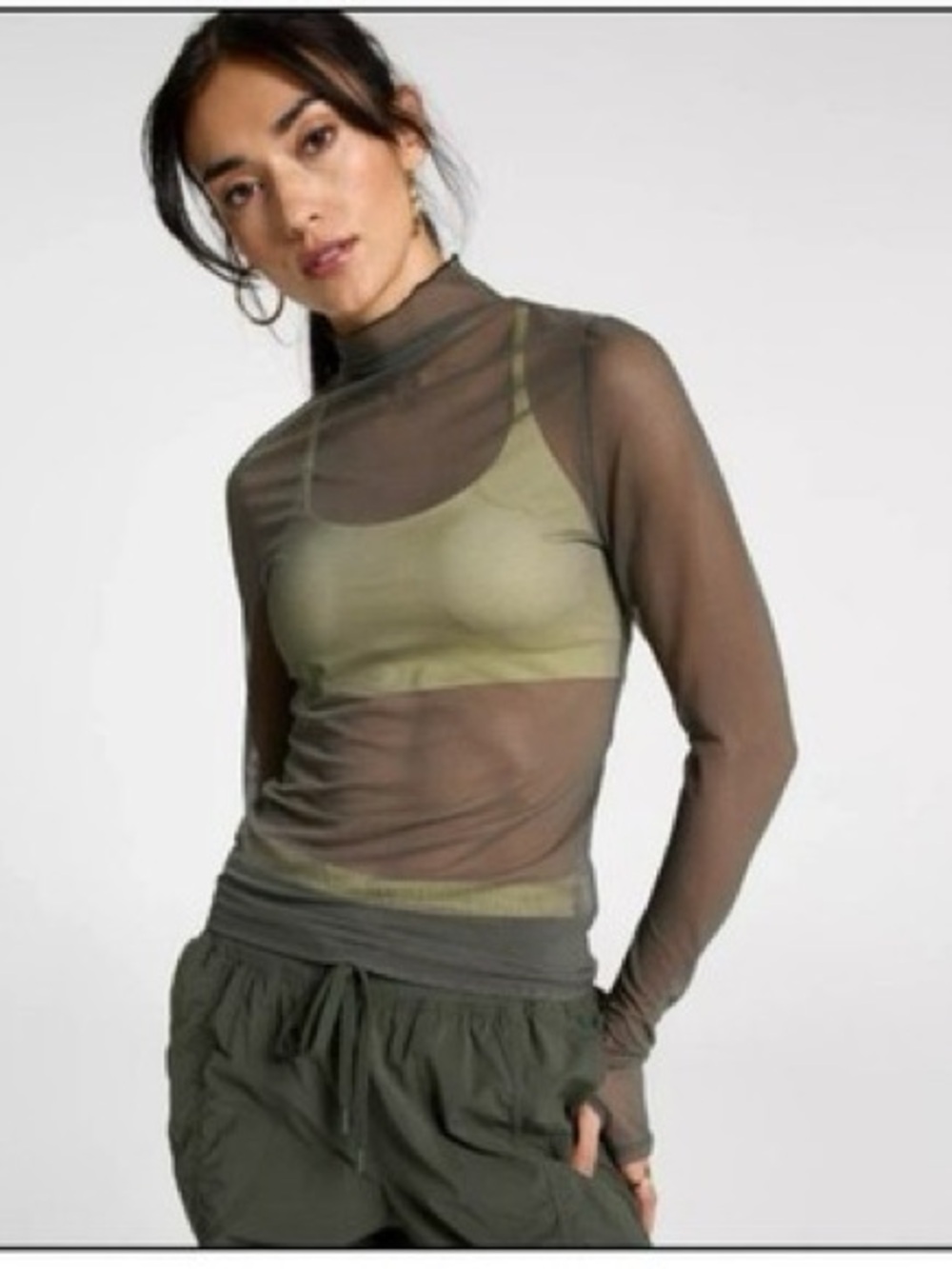 NWT CALIA Draped Funnel Long Sleeve Mesh Long Sleeve - Ivy Green Small